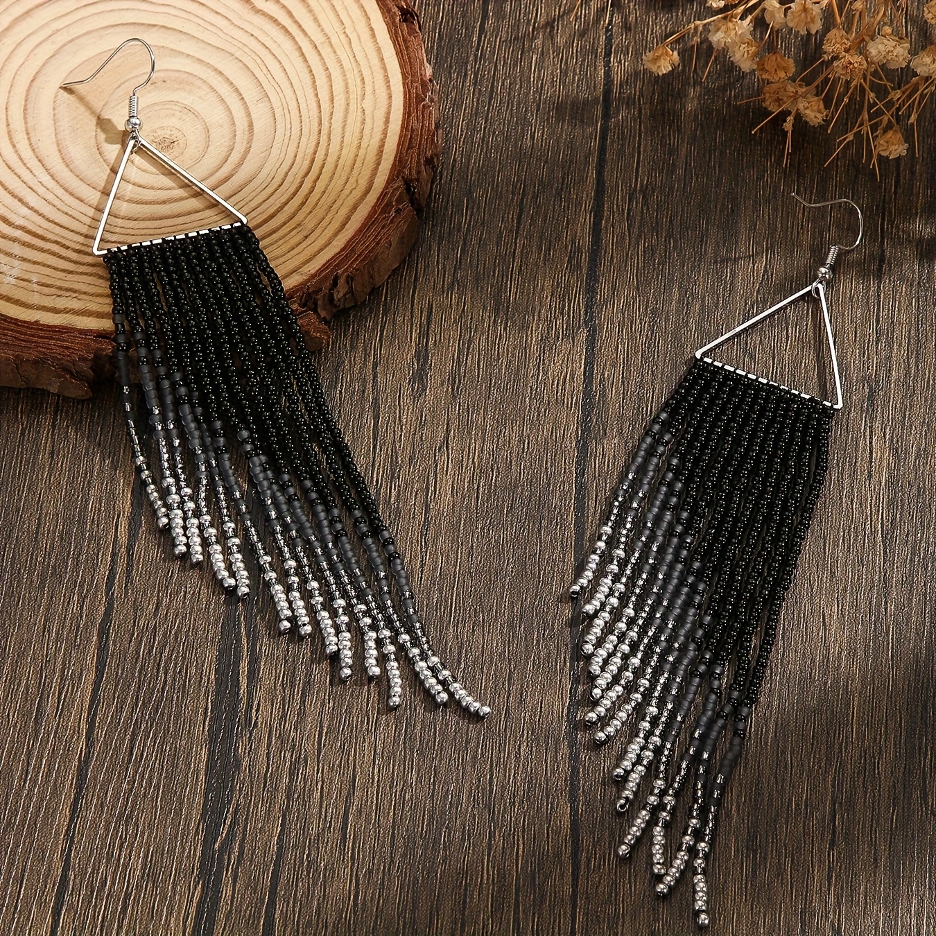 Women's Boho Style Black Metal Triangle Tassel Earrings